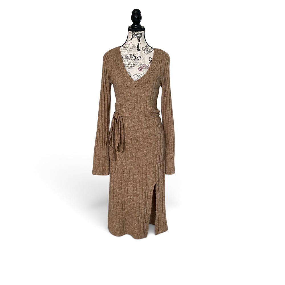 Abercrombie & Fitch Sweater Dress Womens M Brown Cable Knit V-Neck Midi Belted
